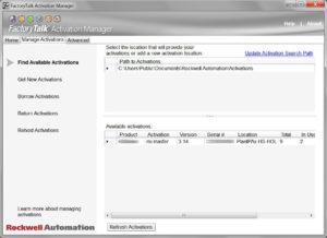 FactoryTalk Activation Manage Tab