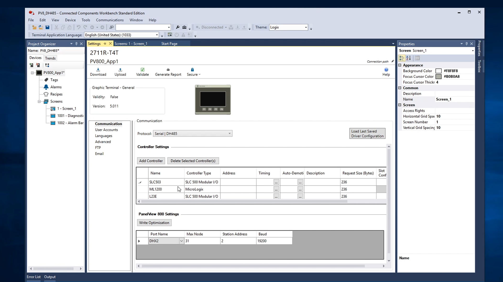 PanelView 800 - Connecting to a MicroLogix, CompactLogix, & SLC-5/03 over DH-485  (S34)